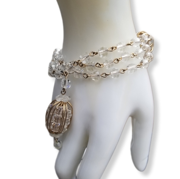 VINTAGE FACETED GLASS CRYSTAL BEAD & GOLDTONED CHAIN STATEMENT BRACELET - Picture 2 of 8